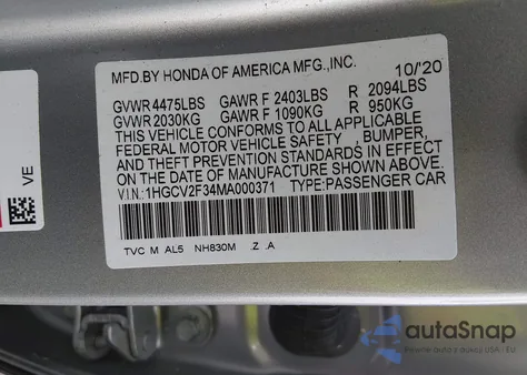 2021 Honda Accord Sport 2.0T from USA, damaged, VIN 1HGCV2F34MA000371